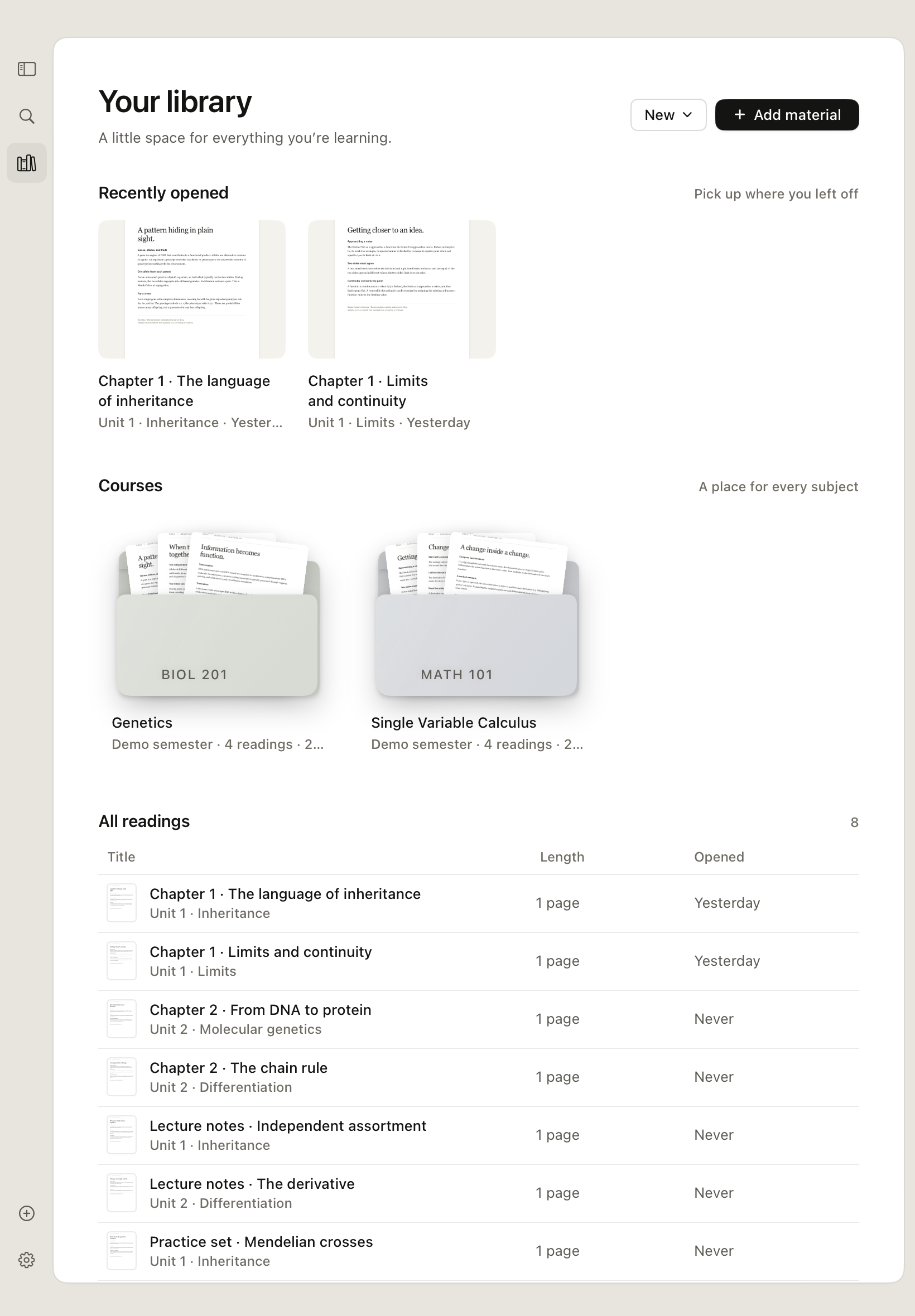 The real Dray iPad library, with a place for readings and notebooks.